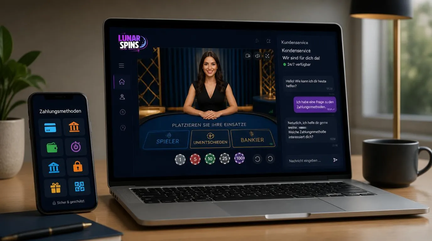 Laptop mit Live-Dealer-Spiel, geöffnetem Chatfenster und Symbolen für verschiedene Zahlungsmethoden