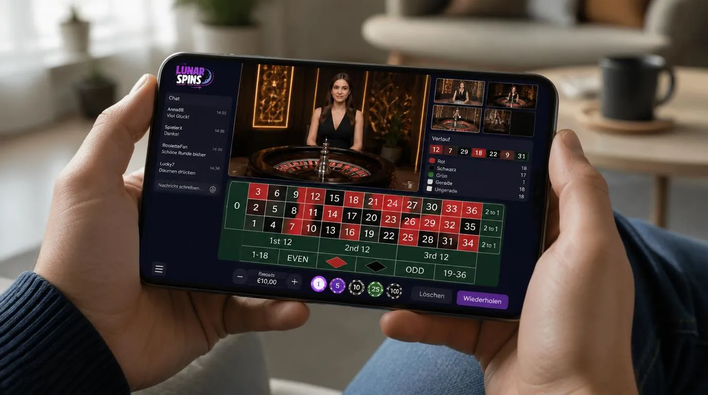 Live-Roulette auf einem Smartphone mit Dealer-Video, Einsatzfeld, Chat und gut sichtbarer Tischansicht