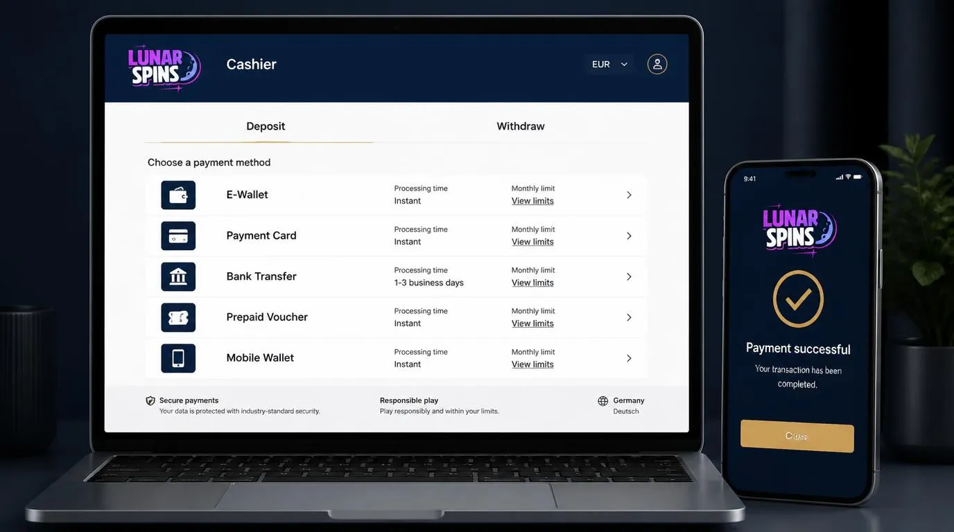 Kassenansicht mit E-Wallet, Karte, Banküberweisung und mobilen Zahlarten sowie Hinweisen zu Auszahlungen