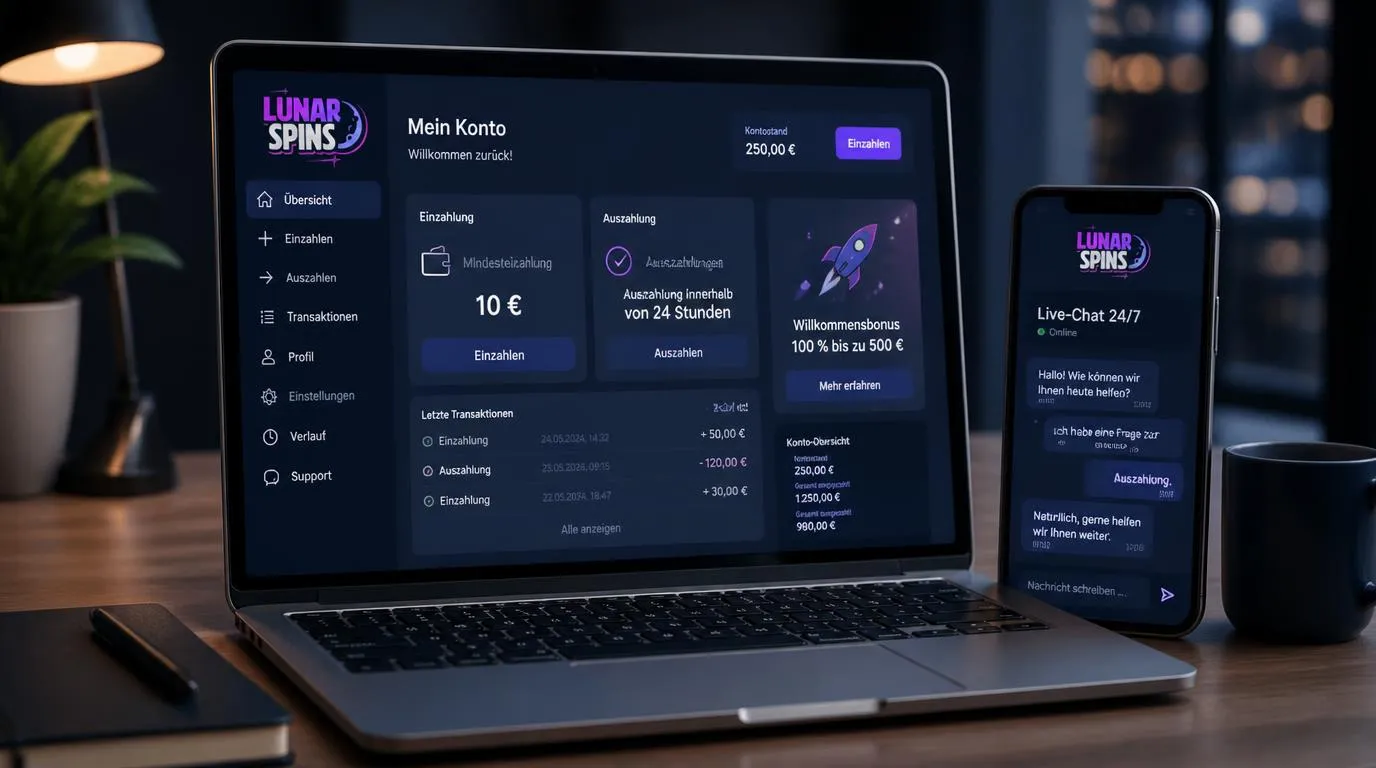Casino-Oberfläche mit 10 € Mindesteinzahlung, Auszahlung innerhalb von 24 Stunden und Live-Chat rund um die Uhr