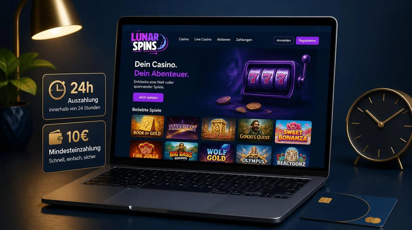 Casino-Oberfläche mit Auszahlungsanzeige innerhalb von 24 Stunden, 10 € Mindesteinzahlung und Spielkacheln