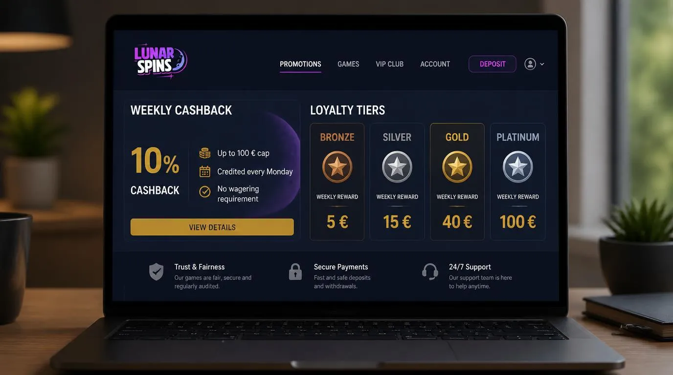 Casino-Bonusübersicht mit wöchentlichem Cashback und Prämien für vier Aktivitätsstufen